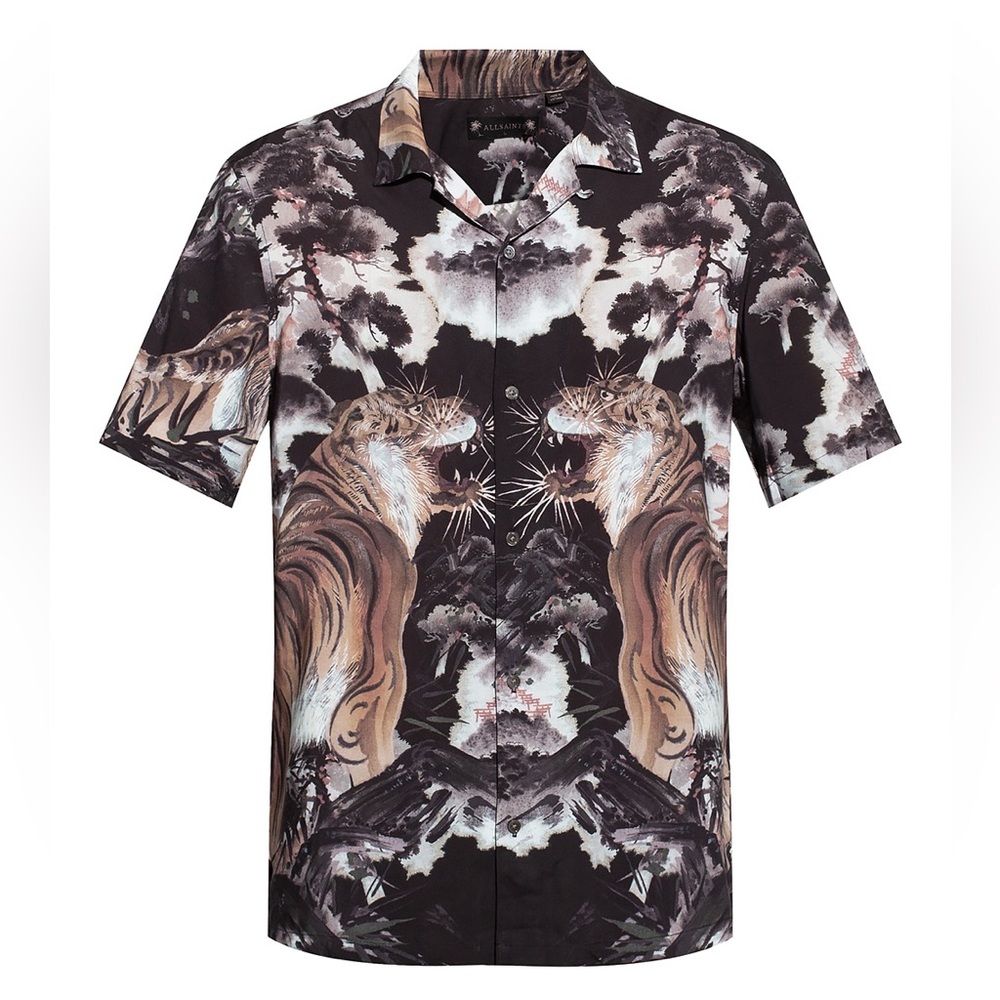 Vintage AllSaints Tiger Print Shirt Black Beige Viscose Short Sleeve Button Up
